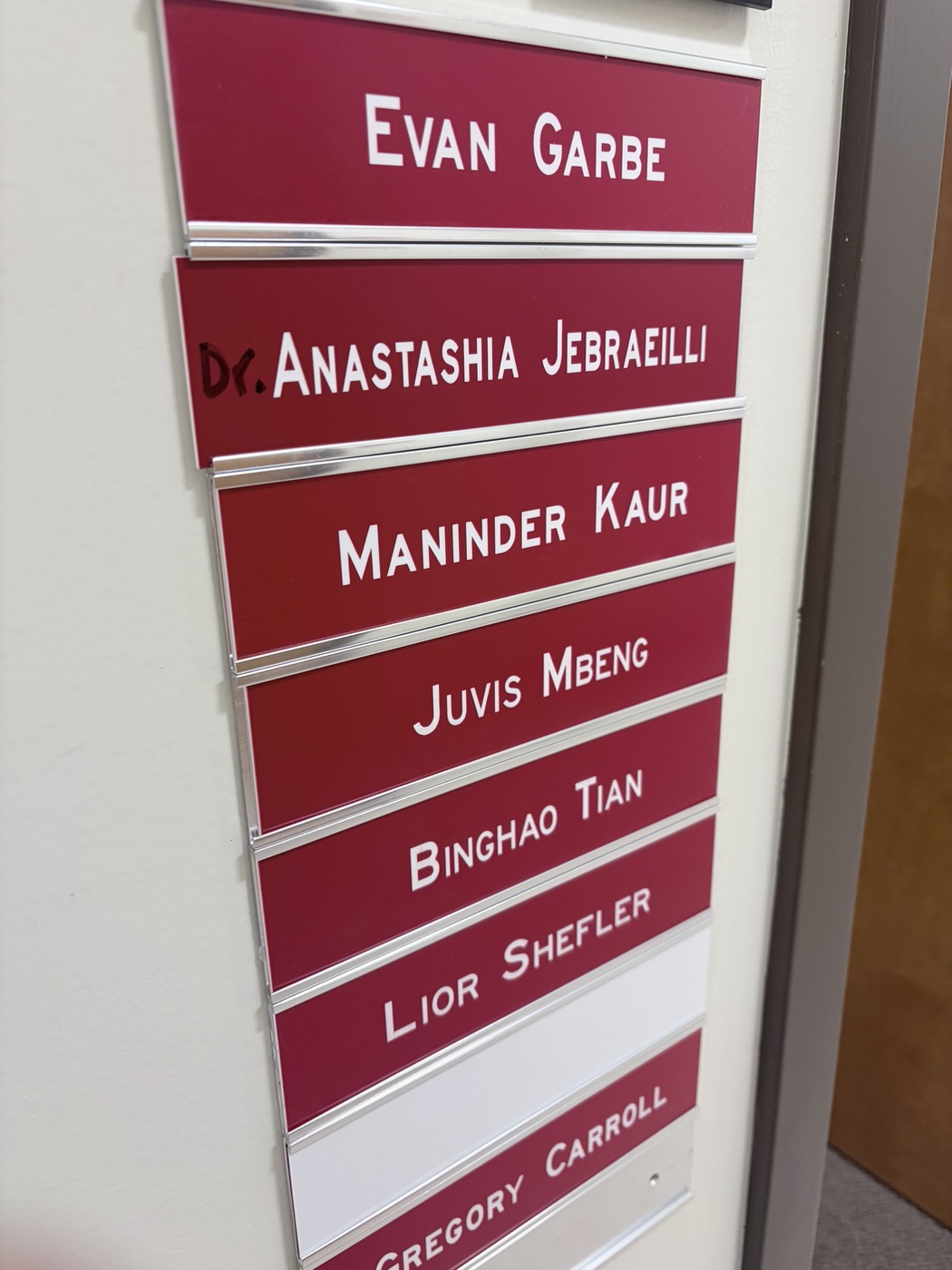 Office nameplate with Dr. written before Anastashia Jebraeilli